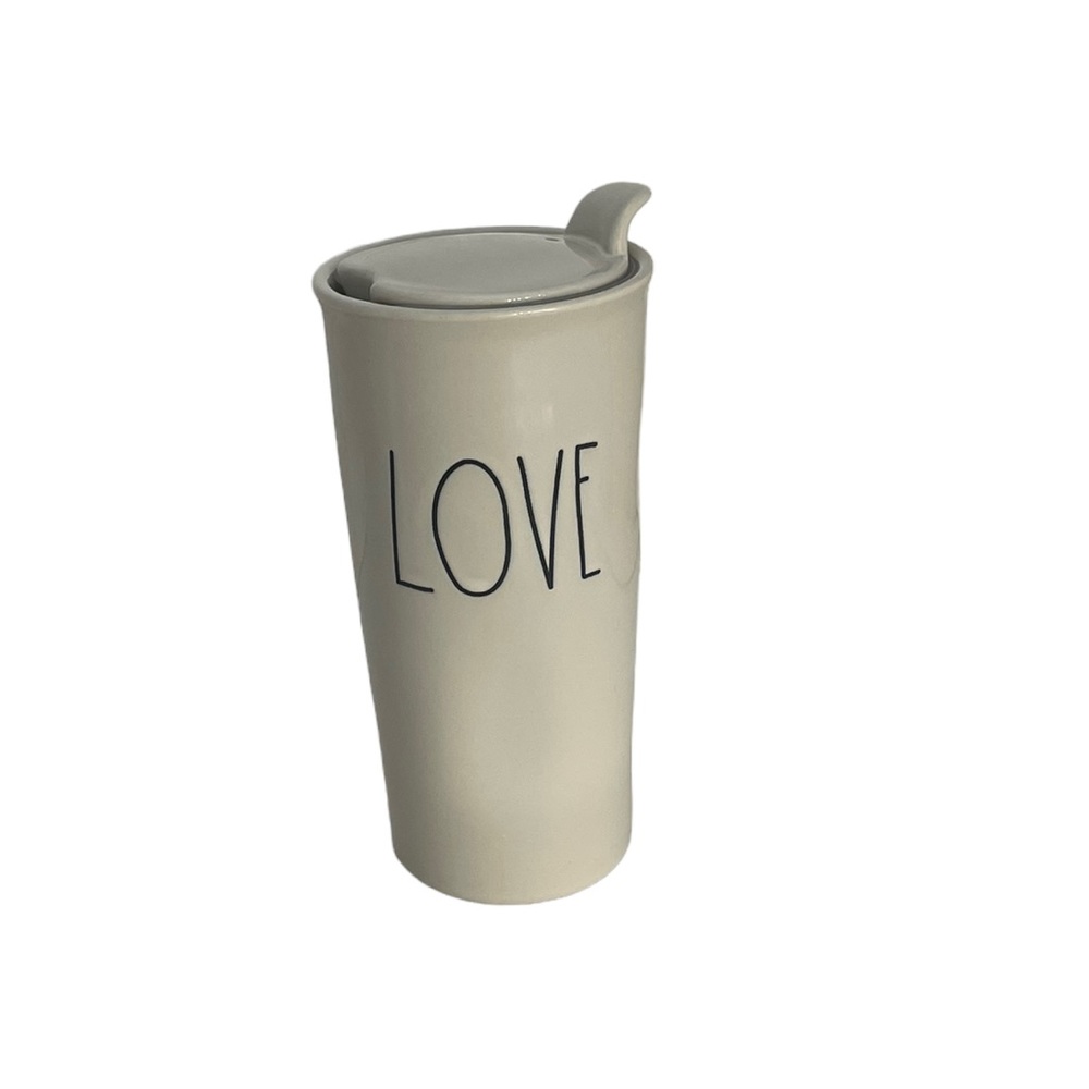 Rae Dunn ceramic tall Love travel mug with cap coffee tea lover country vibe